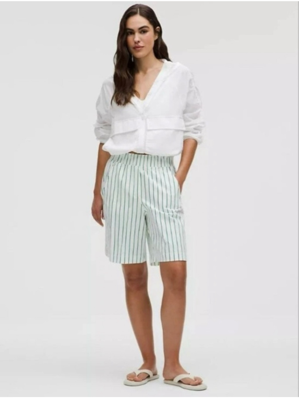 LULULEMON High-Rise 9" Ruffle-Waist Stripe White Green Shorts, Casual, Sz XL